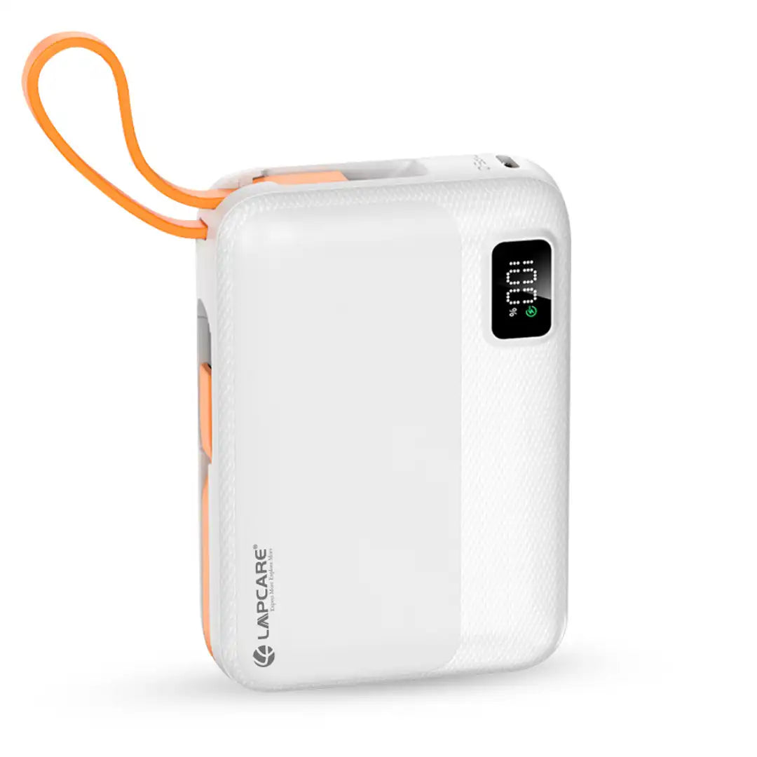 Rapid 10000mAh Pocket Power Bank With 22.5W charging & In-Built Cables- White (LPB-620)