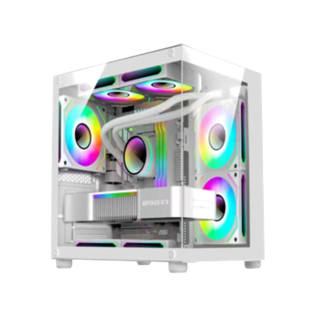 Champ Gaming Computer Case With Tempered Glass Side Panel | 3 Fixed Color Rainbow Fans- White (LOX-505)