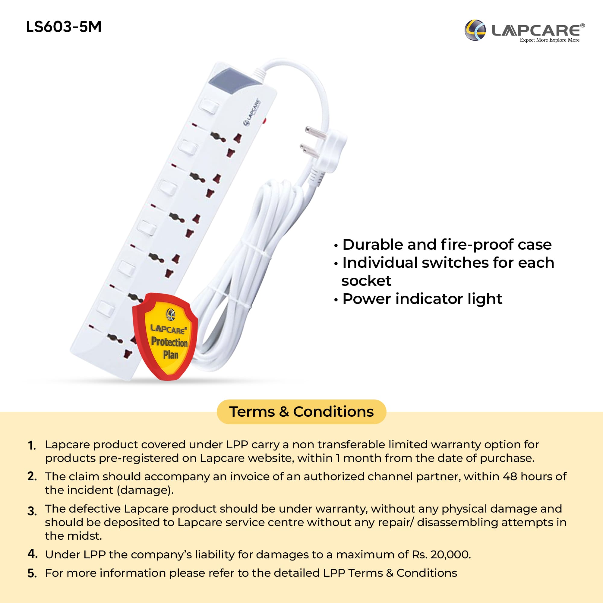 6 way extension socket with spike buster 5Mtr cable (LS- 603)