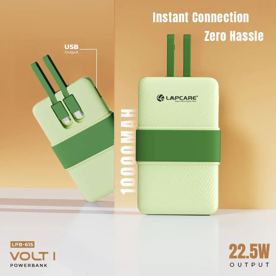 Volt 1 10000mAh Pocket Power bank With 3 output, 1 USB A port, 1 type c cable,1 lighting cable -Green(LBP-615)