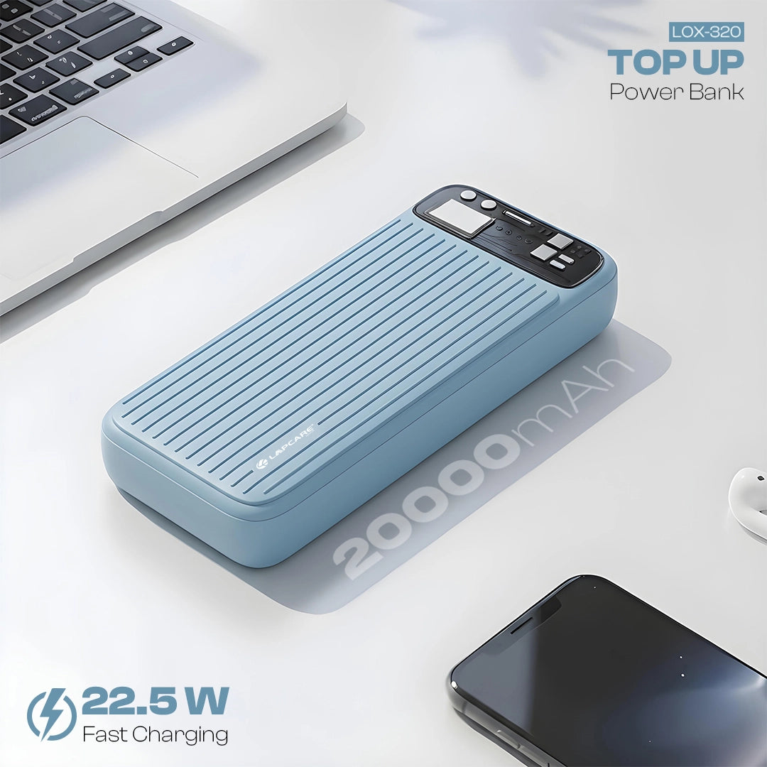 TopUp 20000mAh Power Bank | 22.5W Fast Charging | Dual USB + Type-C- Blue (LOX-320)