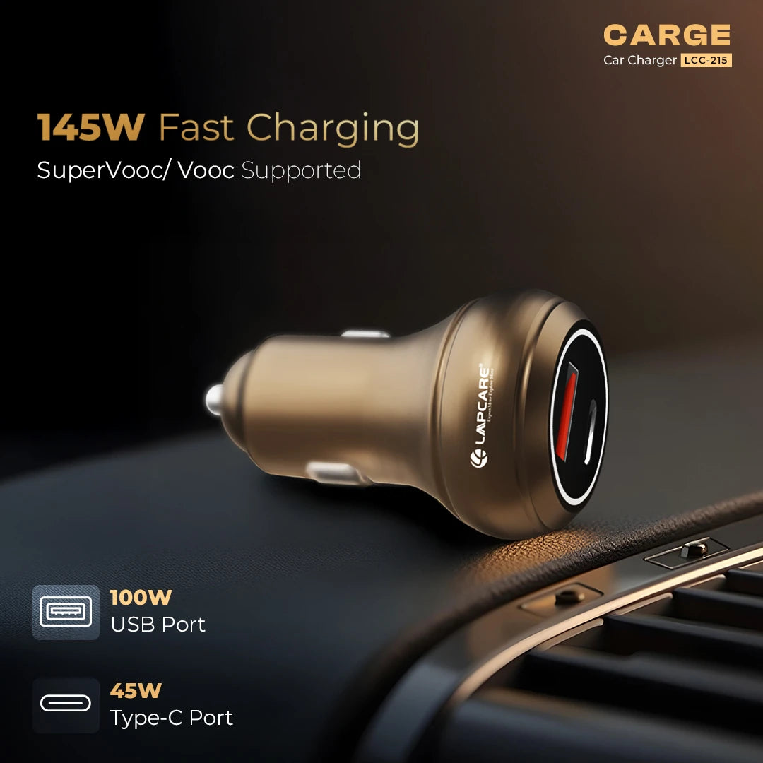 CARGE 145W PD Super Fast Car Charger With 100W USB-A & 45W Type C (LCC-215) Golden