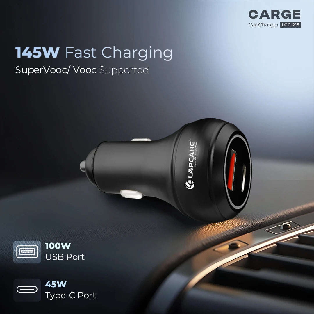CARGE 145W PD Super Fast Car Charger With 100W USB-A & 45W Type C (LCC-215) Black