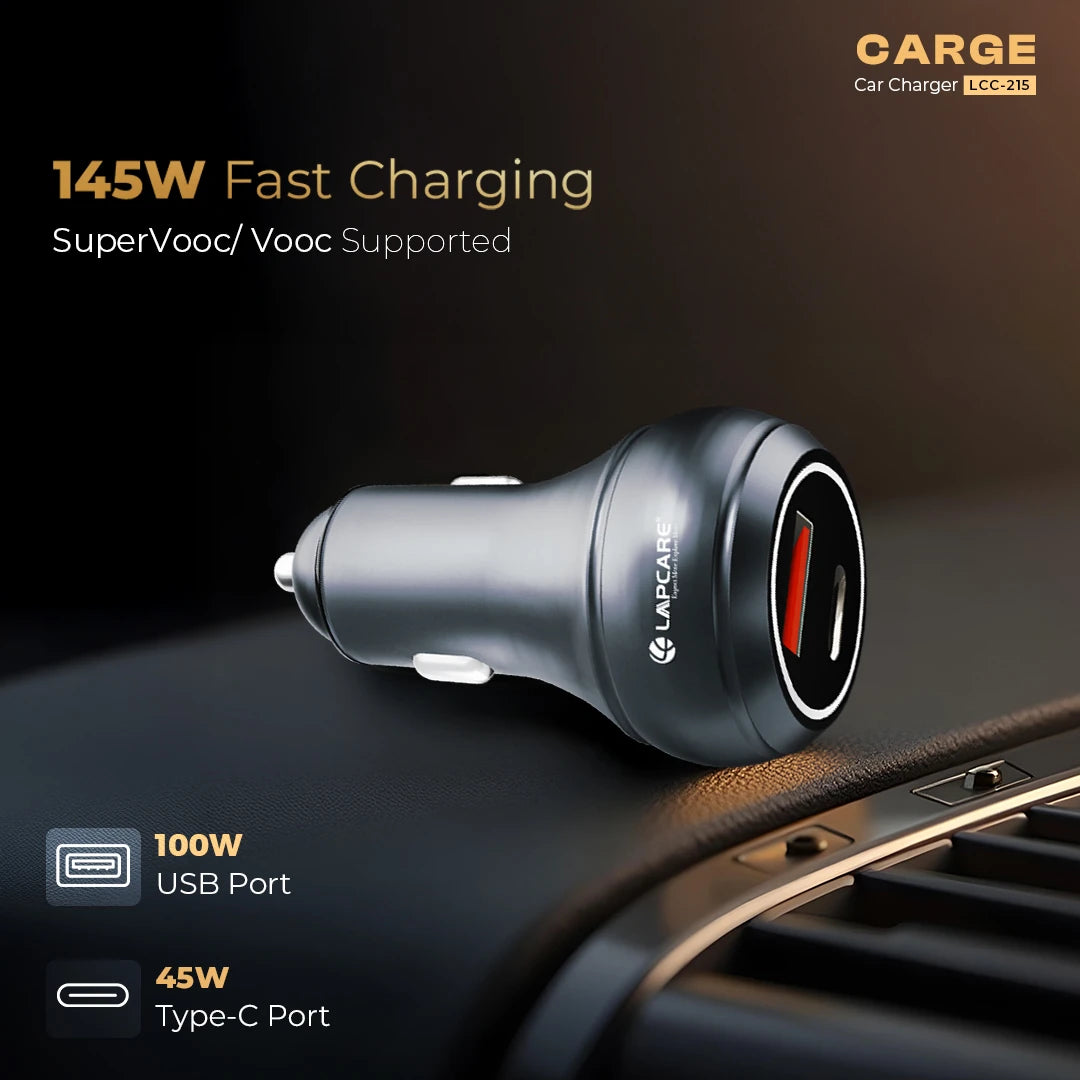 CARGE 145W PD Super Fast Car Charger With 100W USB-A & 45W Type C (LCC-215) Gun Metal