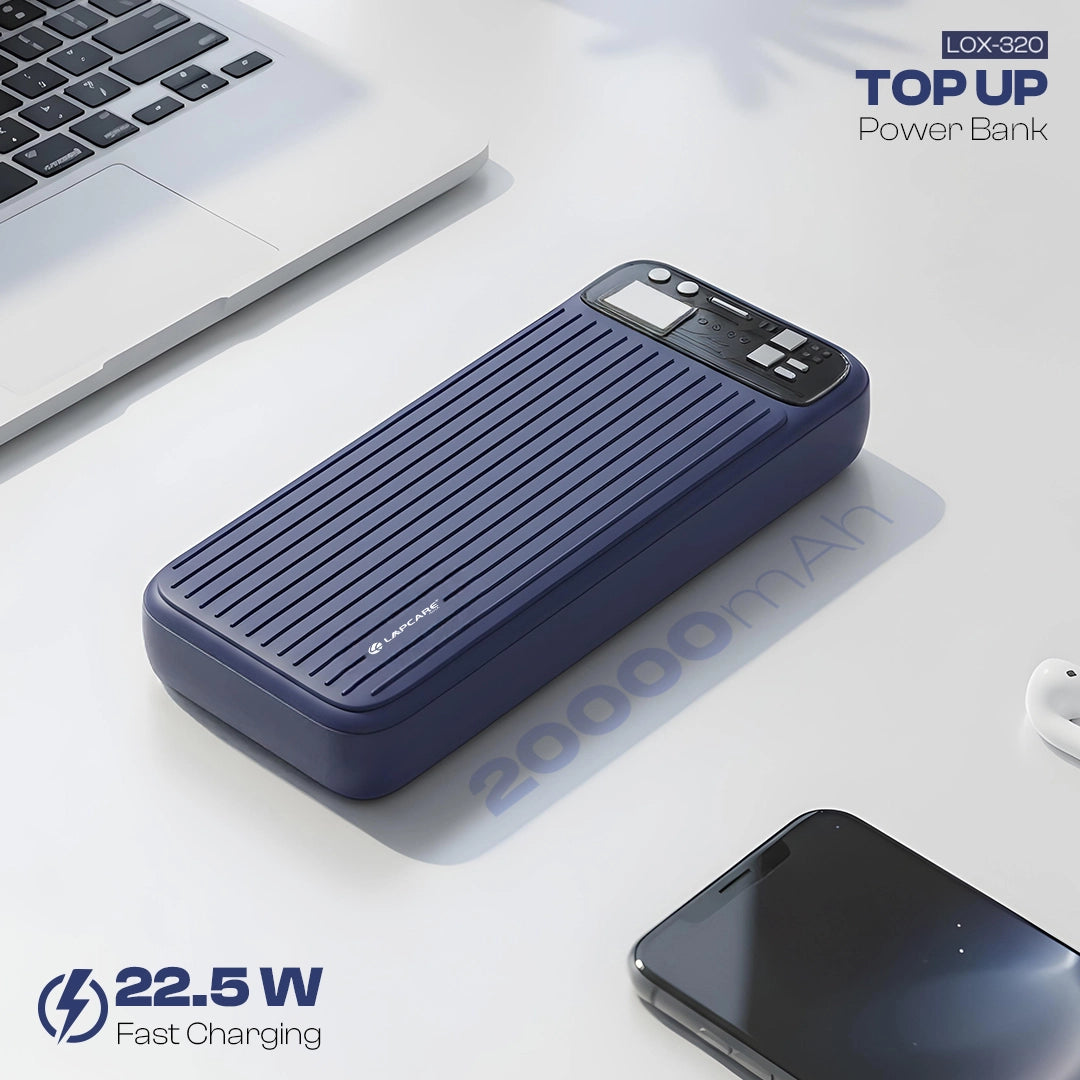 TopUp 20000mAh Power Bank | 22.5W Fast Charging | Dual USB + Type-C- Dark Blue (LOX-320)