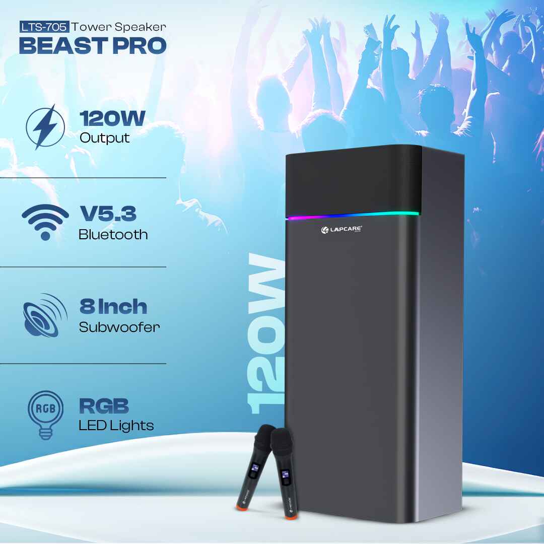 Beast Pro 120W Tower Party Speaker with In-built RGB Lights & Dual Wireless Mic (LTS-705)