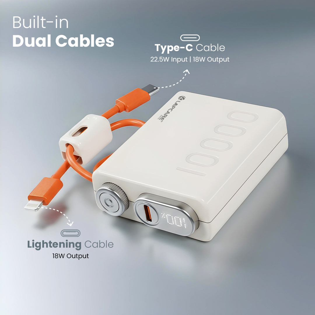 Royale 10000mAh Pocket Power Bank With Dual In-Built Cables (Type-C & Lightning)- (LOX-226)