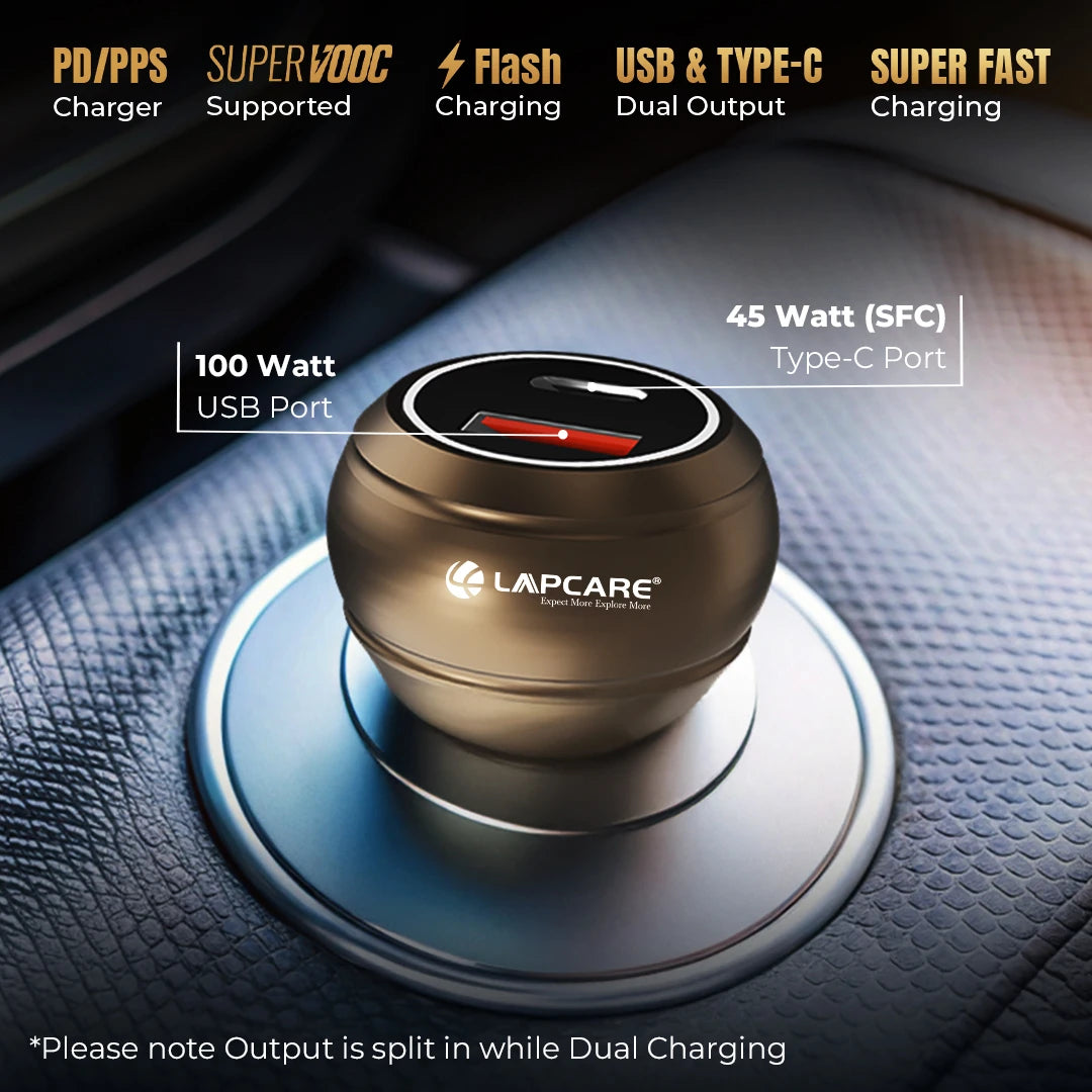 CARGE 145W PD Super Fast Car Charger With 100W USB-A & 45W Type C (LCC-215) Golden