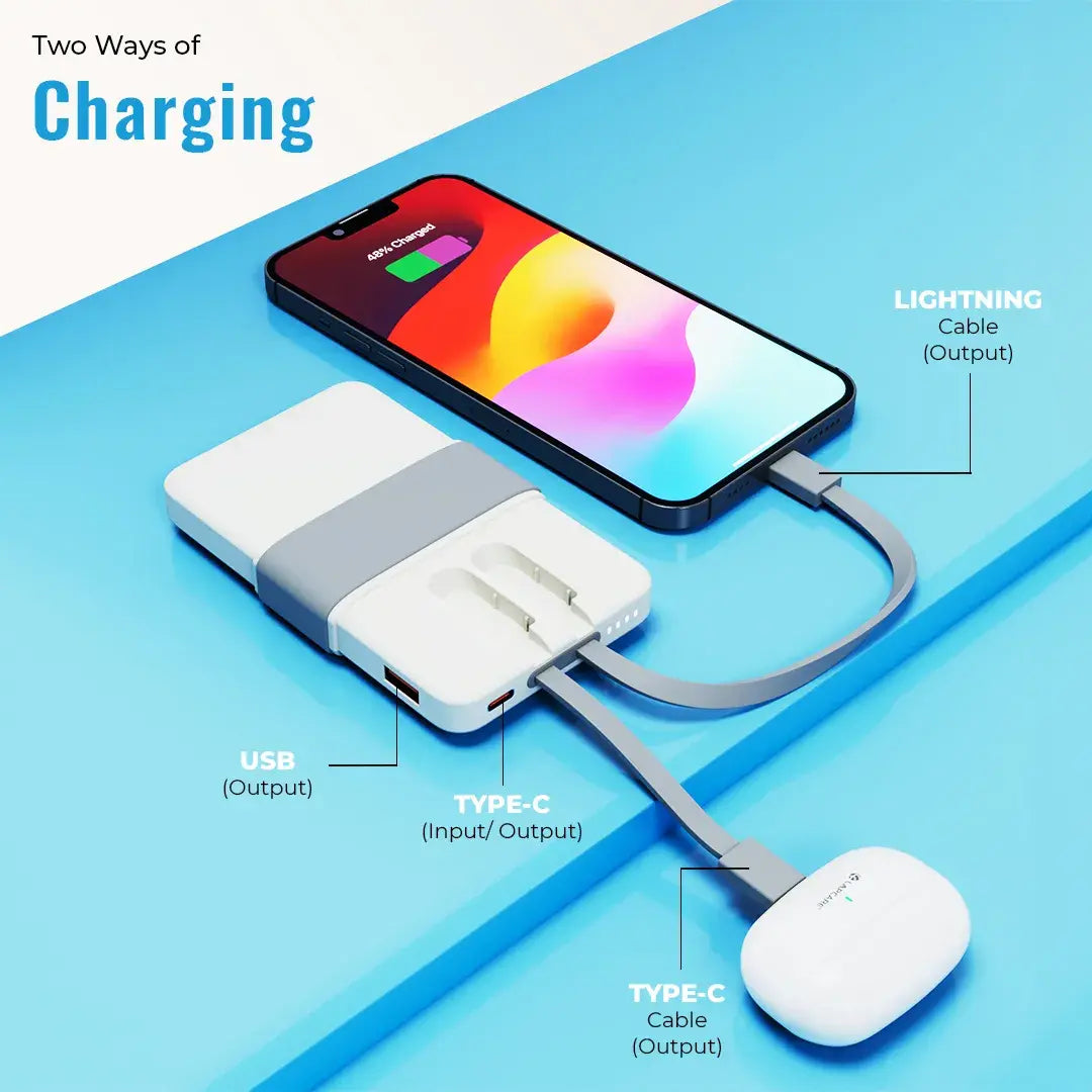 Volt 1 10000mAh Pocket Power bank With 3 output, 1 USB A port, 1 type c cable,1 lighting cable - Grey(LBP-615)
