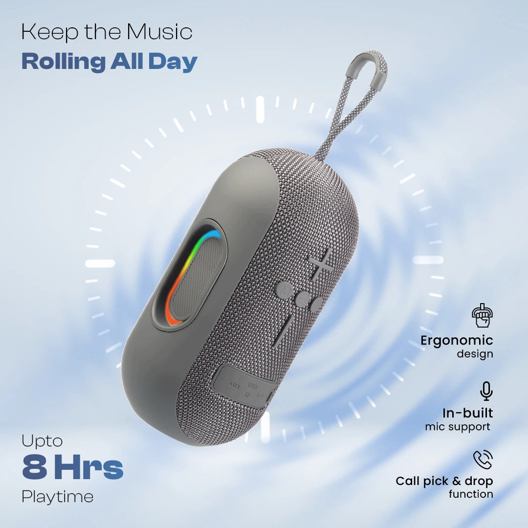 Ozzie 10W Bluetooth Speaker with RGB Light & TWS Stereo Sound- Grey (LBS-102)