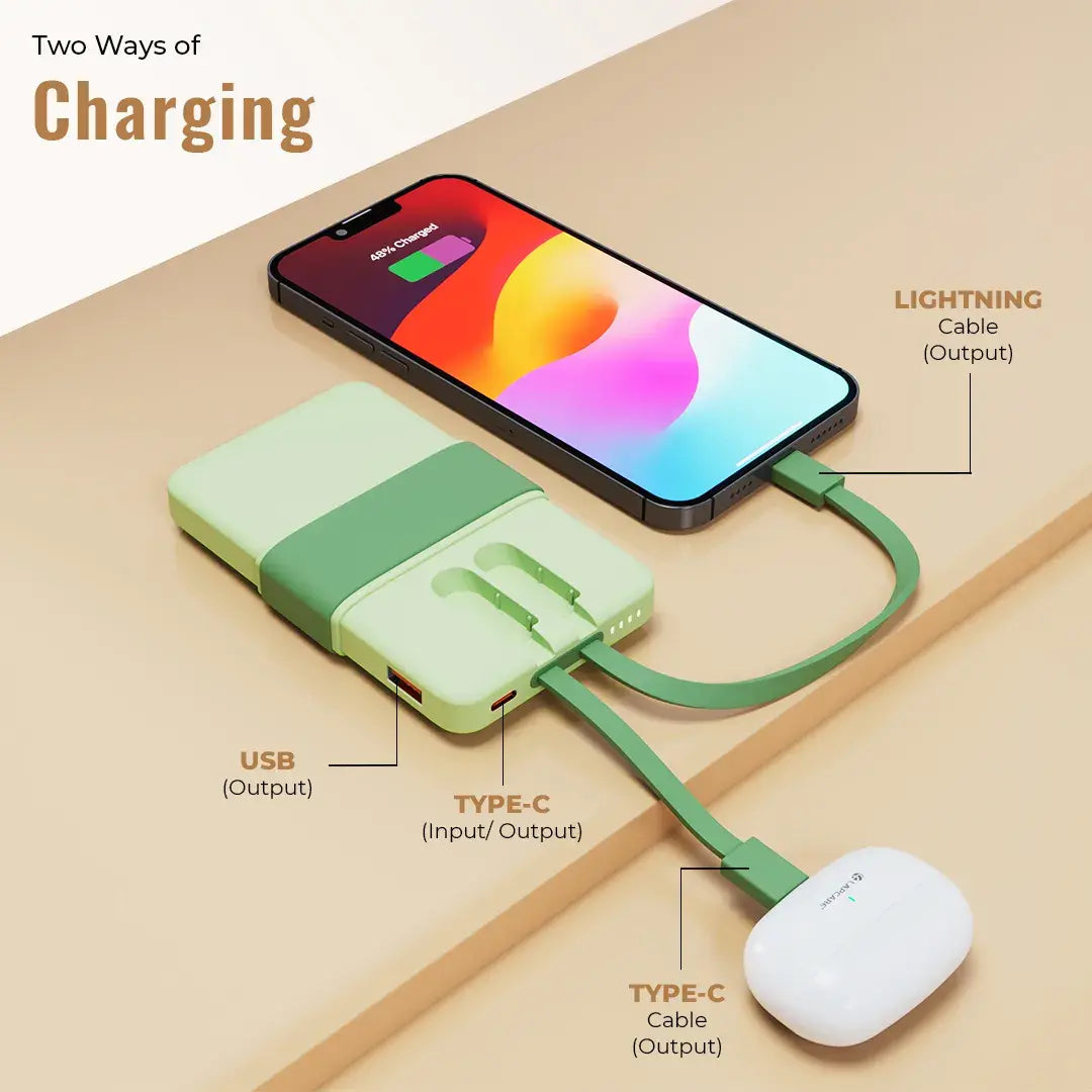 Volt 1 10000mAh Pocket Power bank With 3 output, 1 USB A port, 1 type c cable,1 lighting cable -Green(LBP-615)