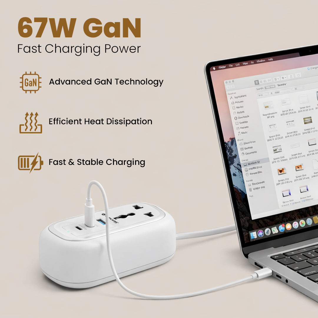 GRIP 5-in-1 Desktop Power Strip With 67W GaN Fast Charging- (White)