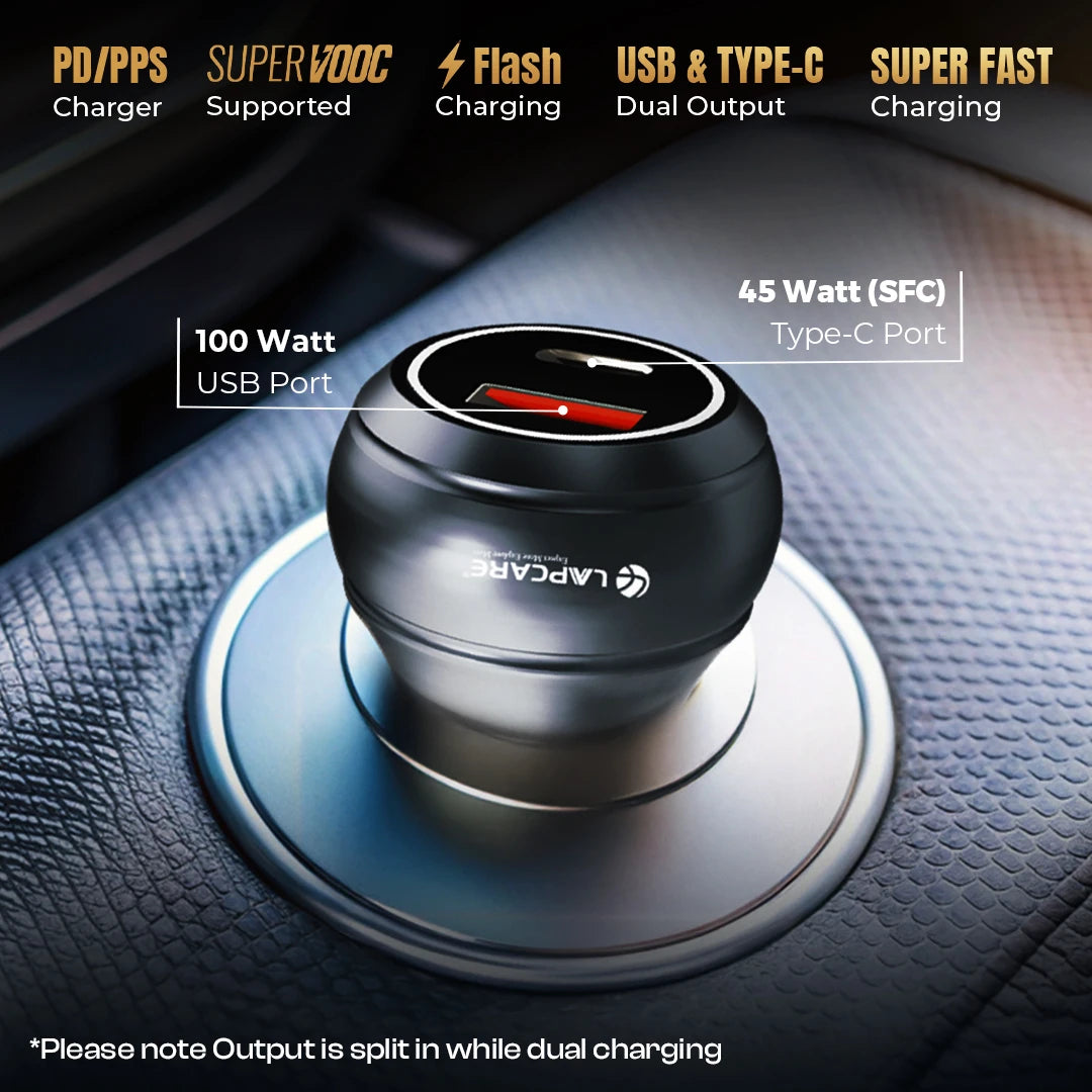 CARGE 145W PD Super Fast Car Charger With 100W USB-A & 45W Type C (LCC-215) Gun Metal