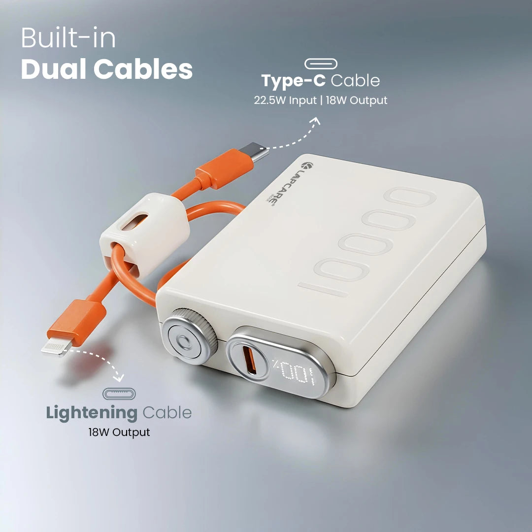 Royale 10000mAh Pocket Power Bank With Dual In-Built Cables (Type-C & Lightning)- (LOX-226)