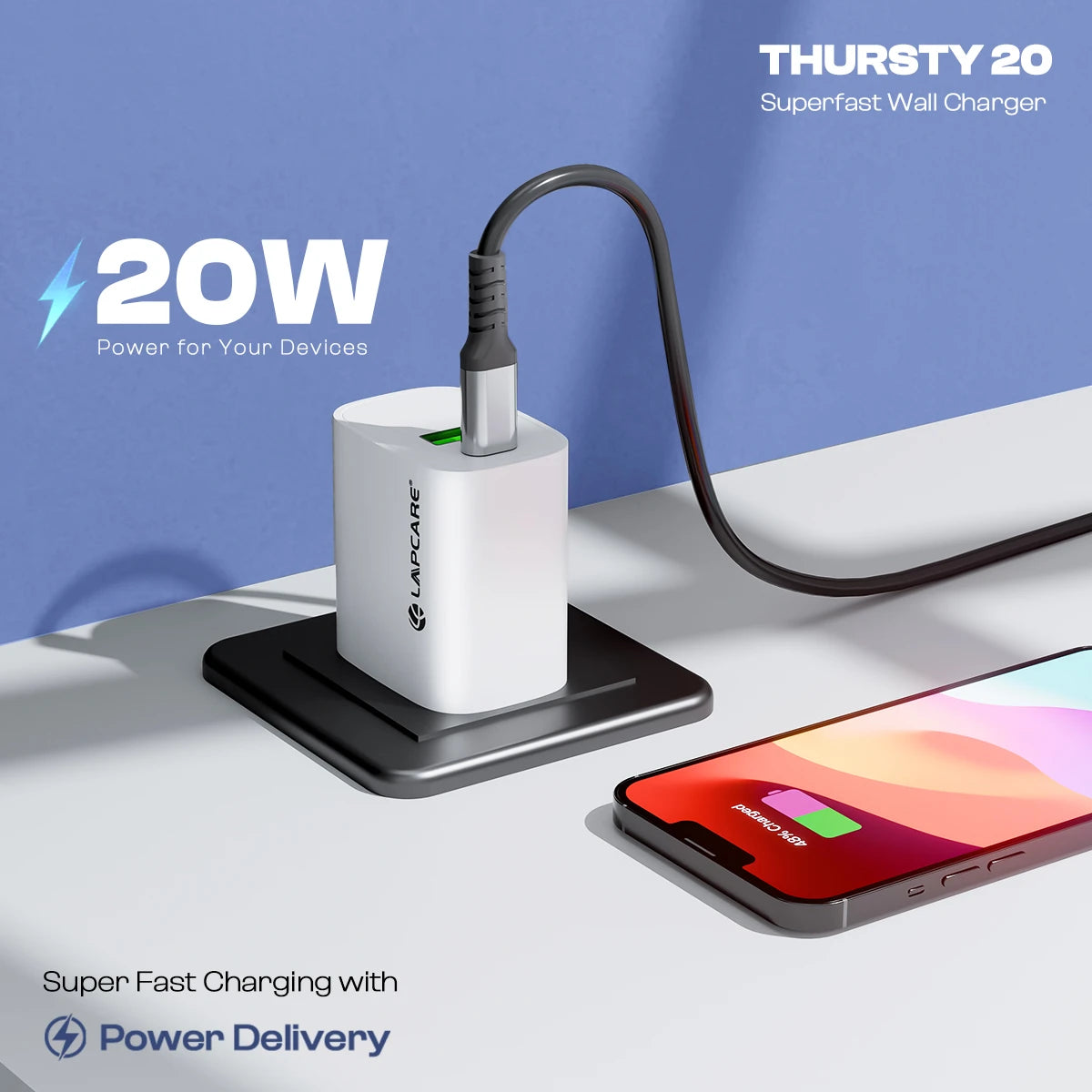 Thursty 20W Super Fast Wall Charger With Dual Port (Type C + USB) Travel Friendly