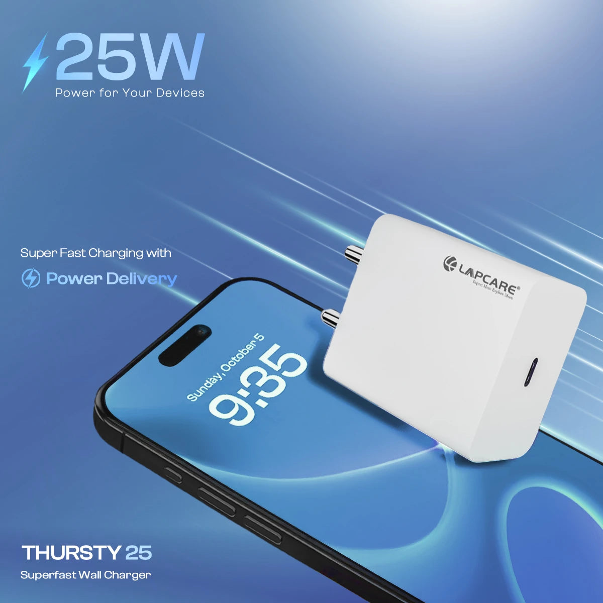 THURSTY 25W Superfast Wall Charger with Type-C Port, 3.5KV Serge Protection