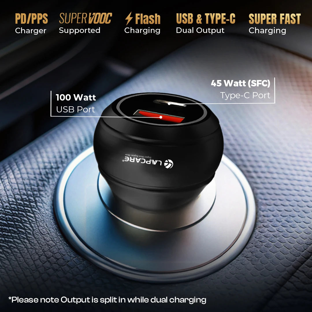 CARGE 145W PD Super Fast Car Charger With 100W USB-A & 45W Type C (LCC-215) Black