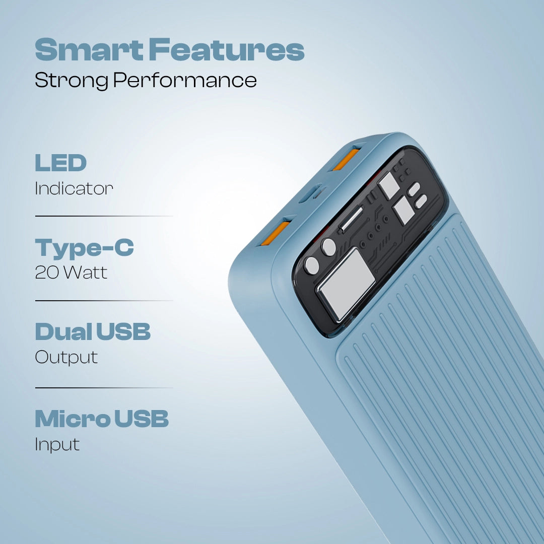 TopUp 20000mAh Power Bank | 22.5W Fast Charging | Dual USB + Type-C- Blue (LOX-320)