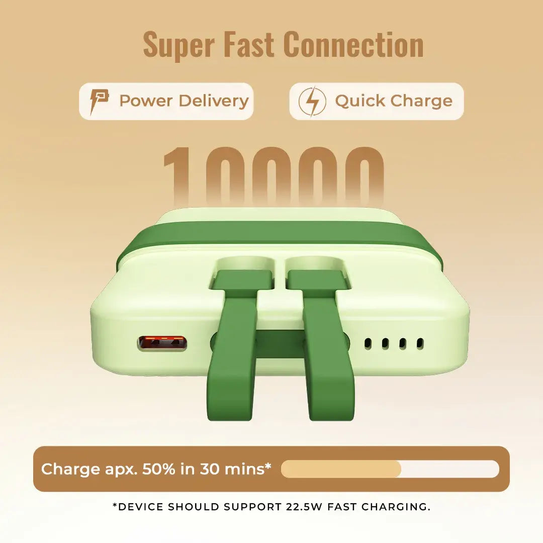 Volt 1 10000mAh Pocket Power bank With 3 output, 1 USB A port, 1 type c cable,1 lighting cable -Green(LBP-615)