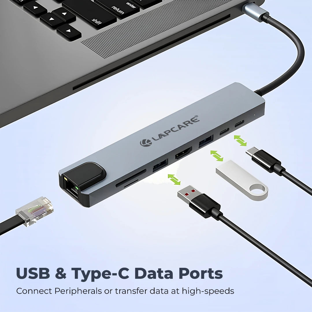 8-in-1 USB-C Docking Station 4K HDMI, 87W PD, USB 3.0, RJ45, SD/Micro SD- Multiport Hub (LC-801)