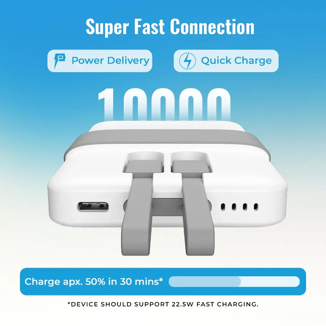 Volt 1 10000mAh Pocket Power bank With 3 output, 1 USB A port, 1 type c cable,1 lighting cable - Grey(LBP-615)