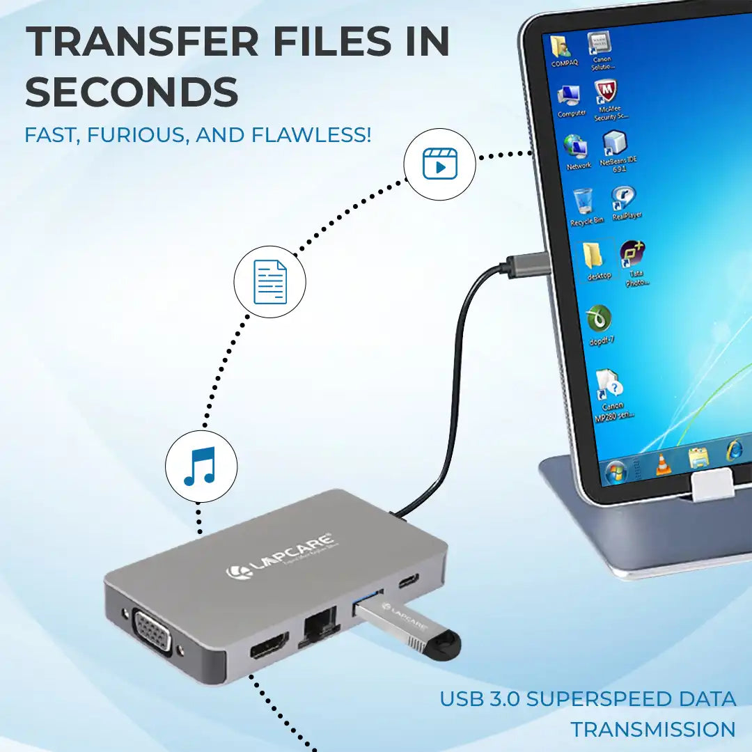 Lap-C 6 in 1 extended Travel Docking Station USB 3.0x2, RJ45x1, HDMIx1, VGAx1,PDx1