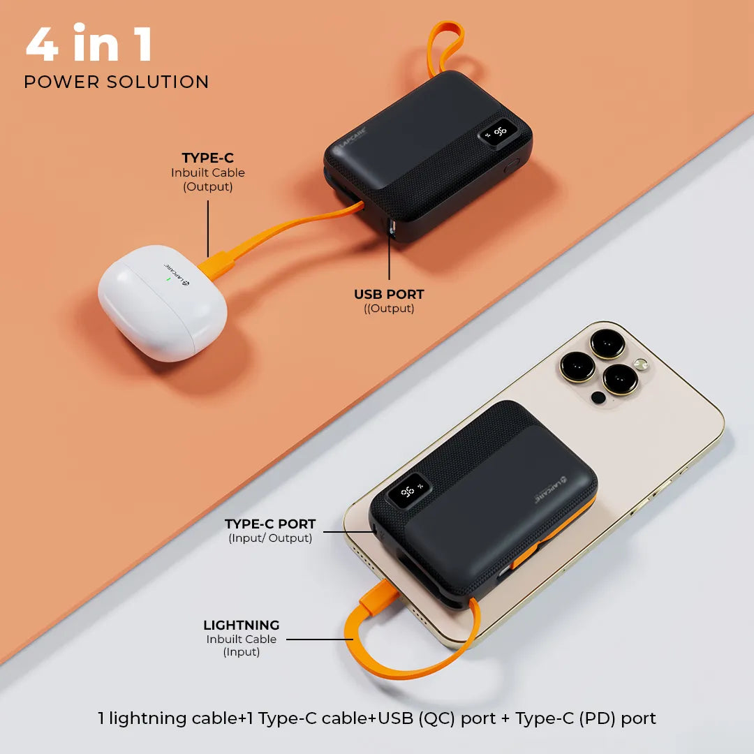 Rapid 10000mAh Pocket Power Bank With 22.5W charging & In-Built Cables- Black (LPB-620)