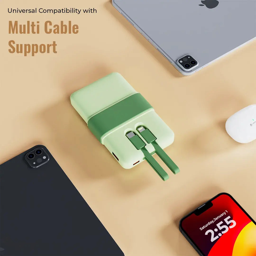Volt 1 10000mAh Pocket Power bank With 3 output, 1 USB A port, 1 type c cable,1 lighting cable -Green(LBP-615)