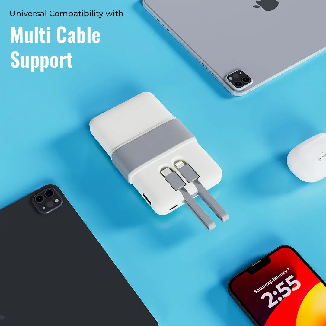Volt 1 10000mAh Pocket Power bank With 3 output, 1 USB A port, 1 type c cable,1 lighting cable - Grey(LBP-615)