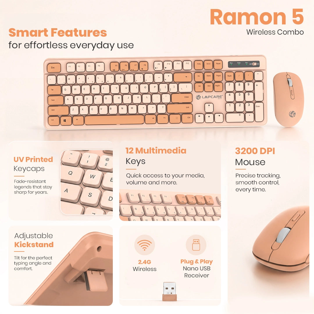 Ramon 5 Wireless Keyboard & Mouse Combo with 12 Multimedia Keys & 3200 DPI Mouse (WL-108)