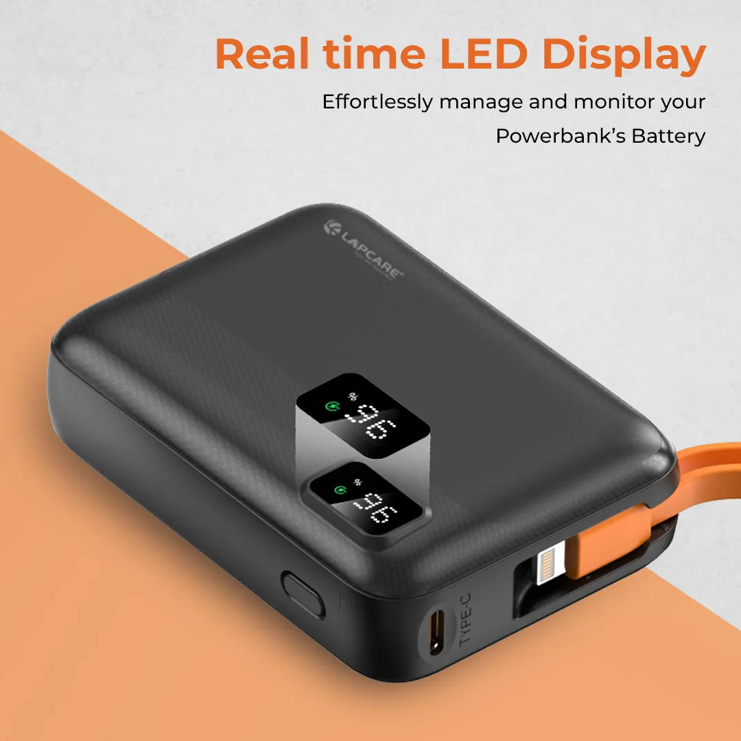 Rapid 10000mAh Pocket Power Bank With 22.5W charging & In-Built Cables- Black (LPB-620)