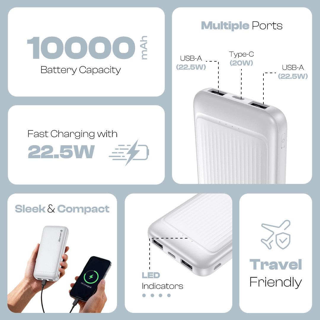 Pacer 10000mAh Portable Power Bank | 22.5W Fast Charging | Multi-Port Design- White- (LOX-223)