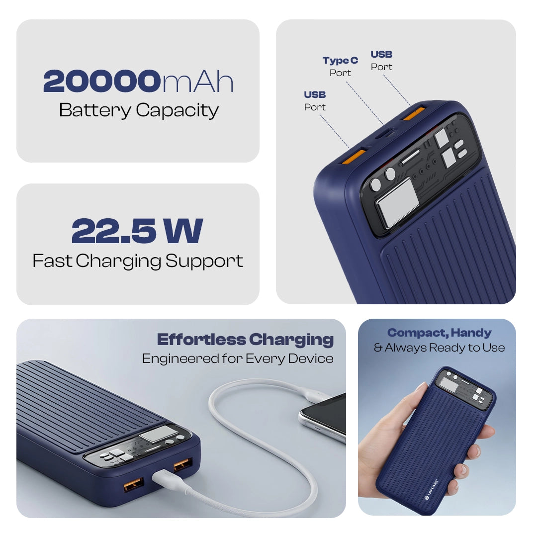 TopUp 20000mAh Power Bank | 22.5W Fast Charging | Dual USB + Type-C- Dark Blue (LOX-320)