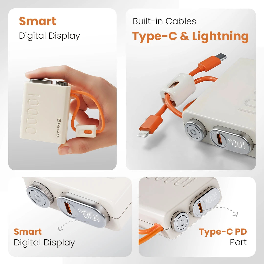 Royale 10000mAh Pocket Power Bank With Dual In-Built Cables (Type-C & Lightning)- (LOX-226)