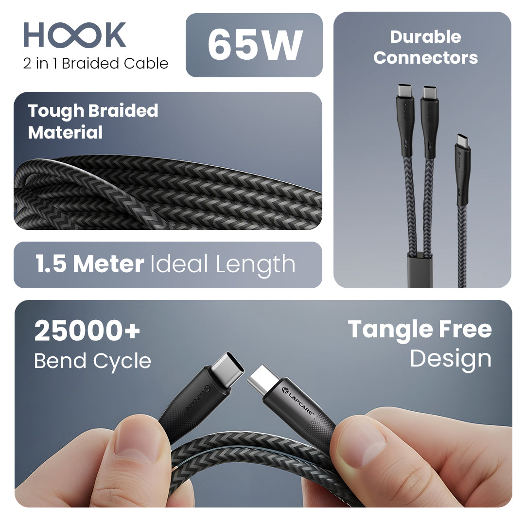 HOOK 2-in-1 Braided USB Type-C Cable With 65W PD Fast Charging (LOX-091)