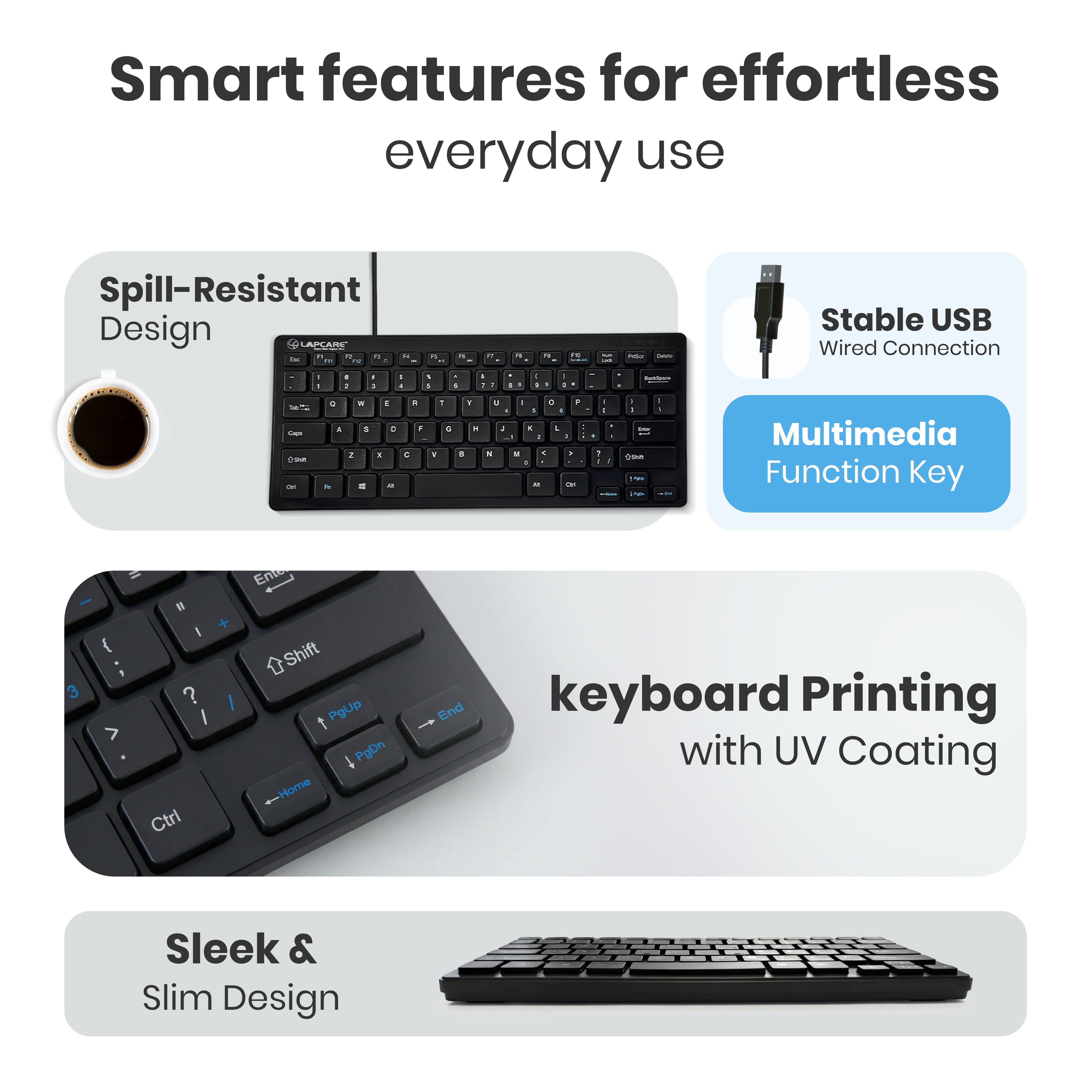 D-Lite - Black 87 Key Mini Multimedia Wired Keyboard