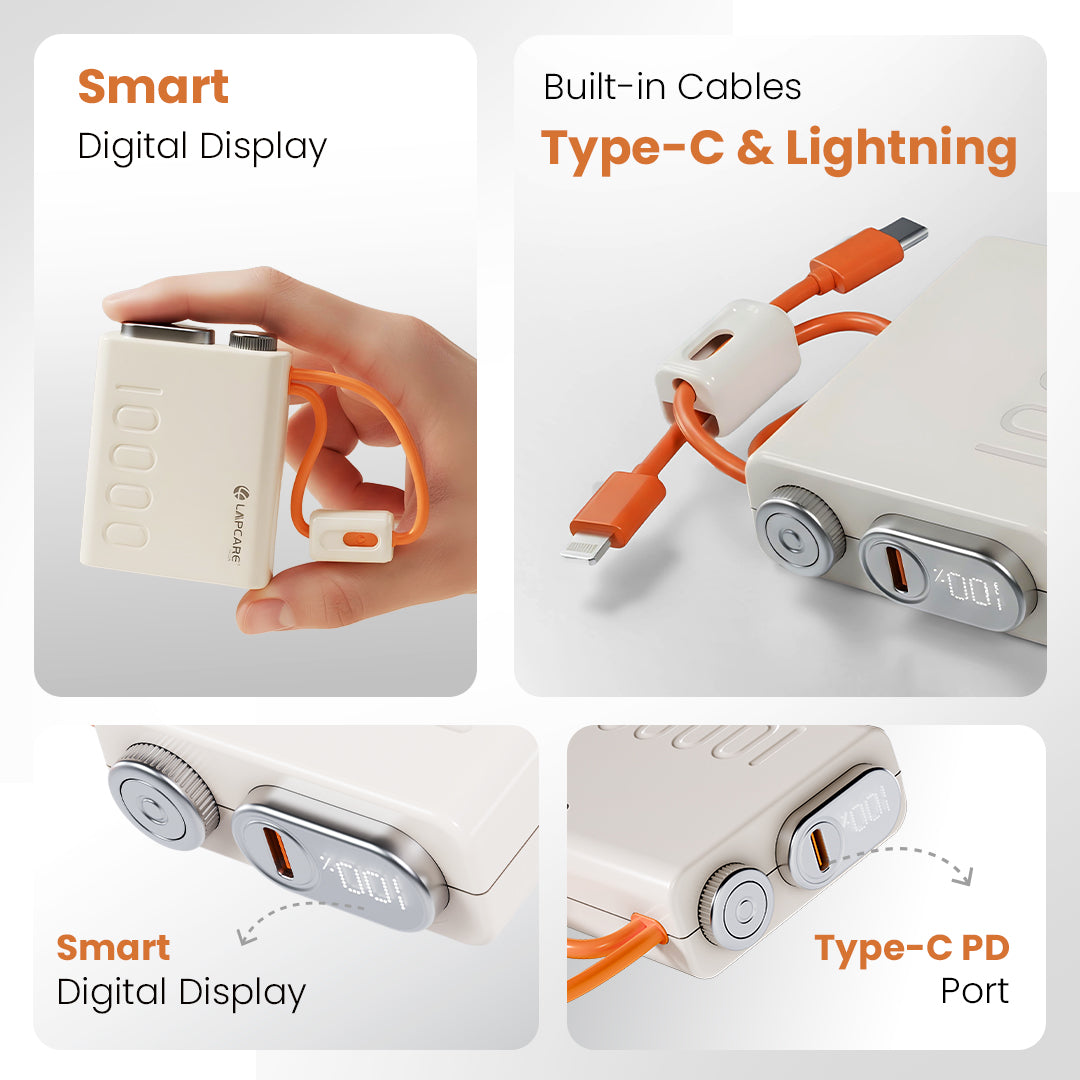 Royale 10000mAh Pocket Power Bank With Dual In-Built Cables (Type-C & Lightning)- (LOX-226)