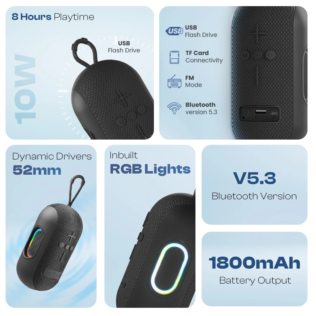 Ozzie 10W Bluetooth Speaker with RGB Light & TWS Stereo Sound- Black (LBS-102)