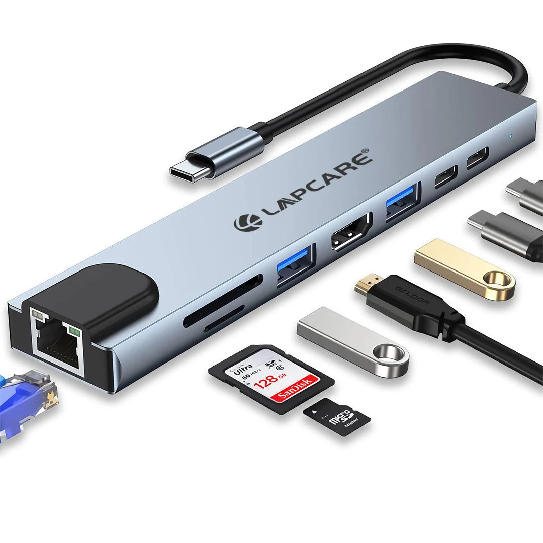 8-in-1 USB-C Docking Station 4K HDMI, 87W PD, USB 3.0, RJ45, SD/Micro SD- Multiport Hub (LC-801)