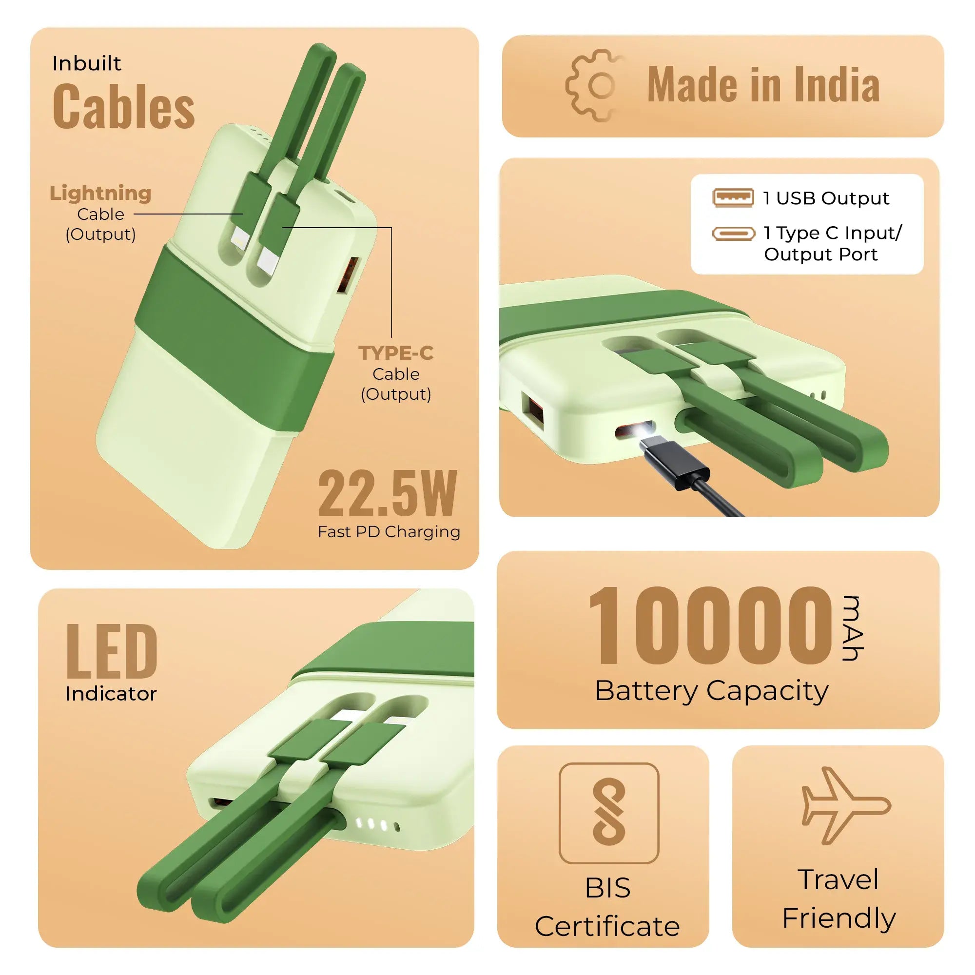 Volt 1 10000mAh Pocket Power bank With 3 output, 1 USB A port, 1 type c cable,1 lighting cable -Green(LBP-615)