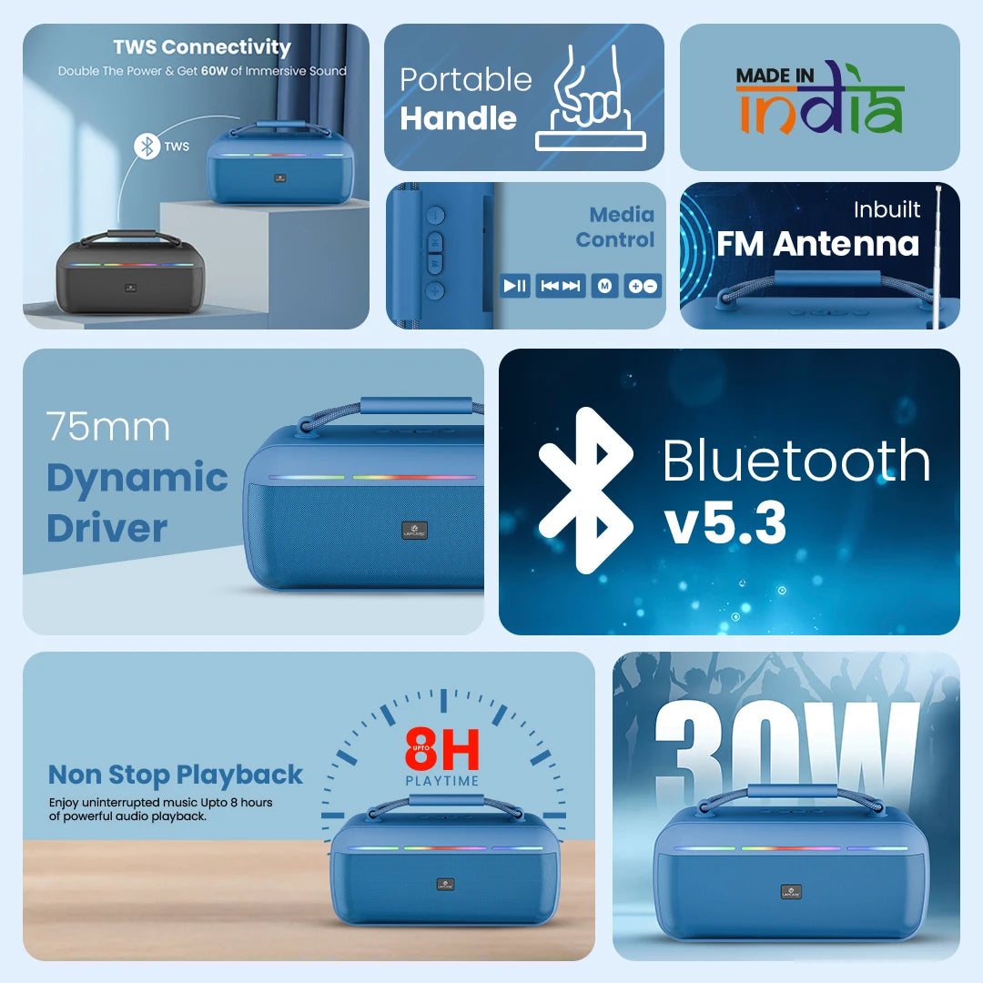 Roxx 30W Portable Party Speaker with RGB Lights & TWS Function - Blue (AXM-001)