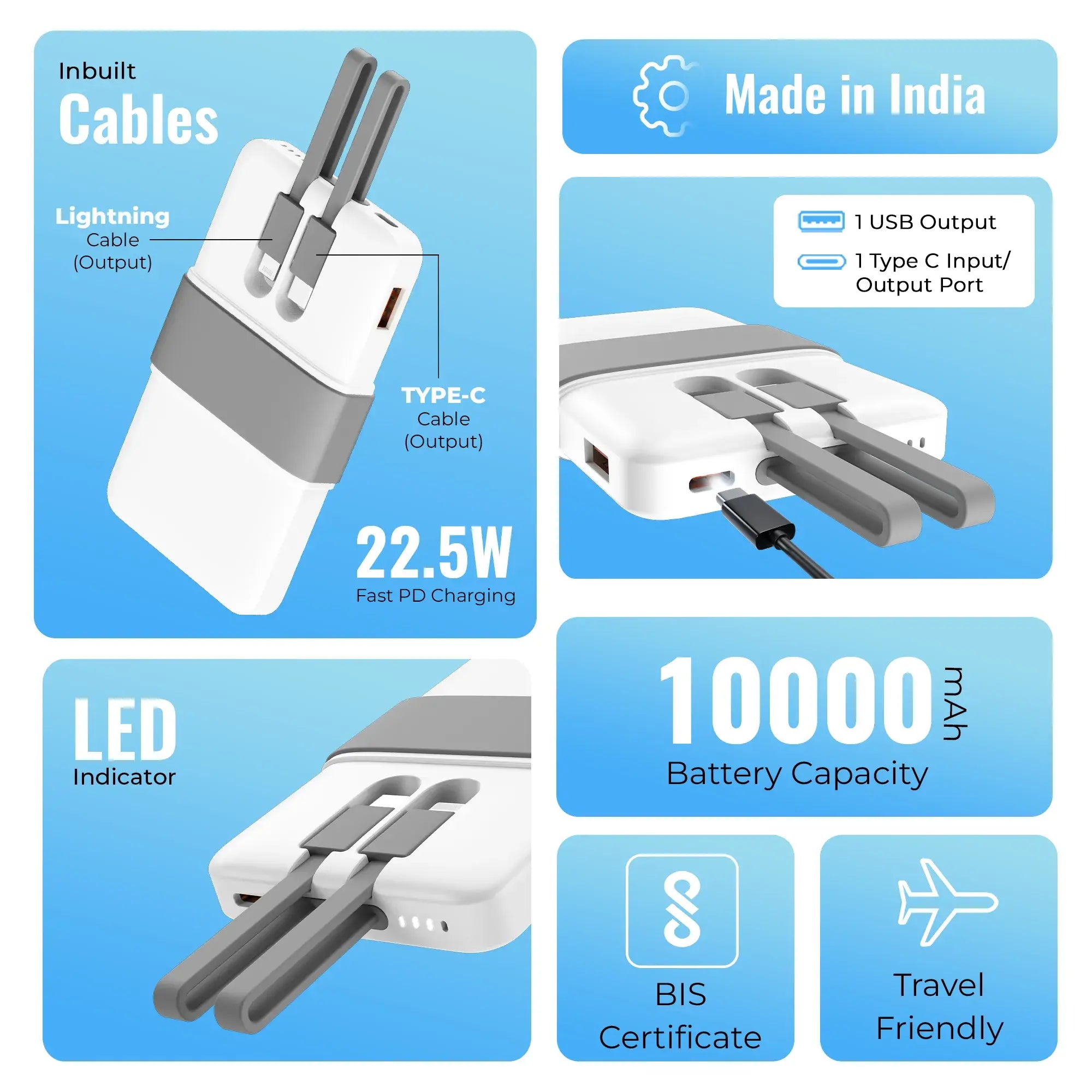 Volt 1 10000mAh Pocket Power bank With 3 output, 1 USB A port, 1 type c cable,1 lighting cable - Grey(LBP-615)