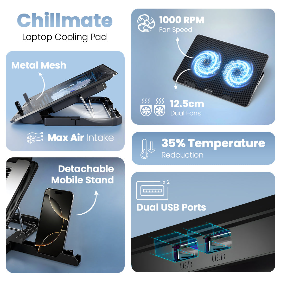 Chillmate - Cooling Pad, 2 USB Port, Dual Fan, upto 15.6" Laptop