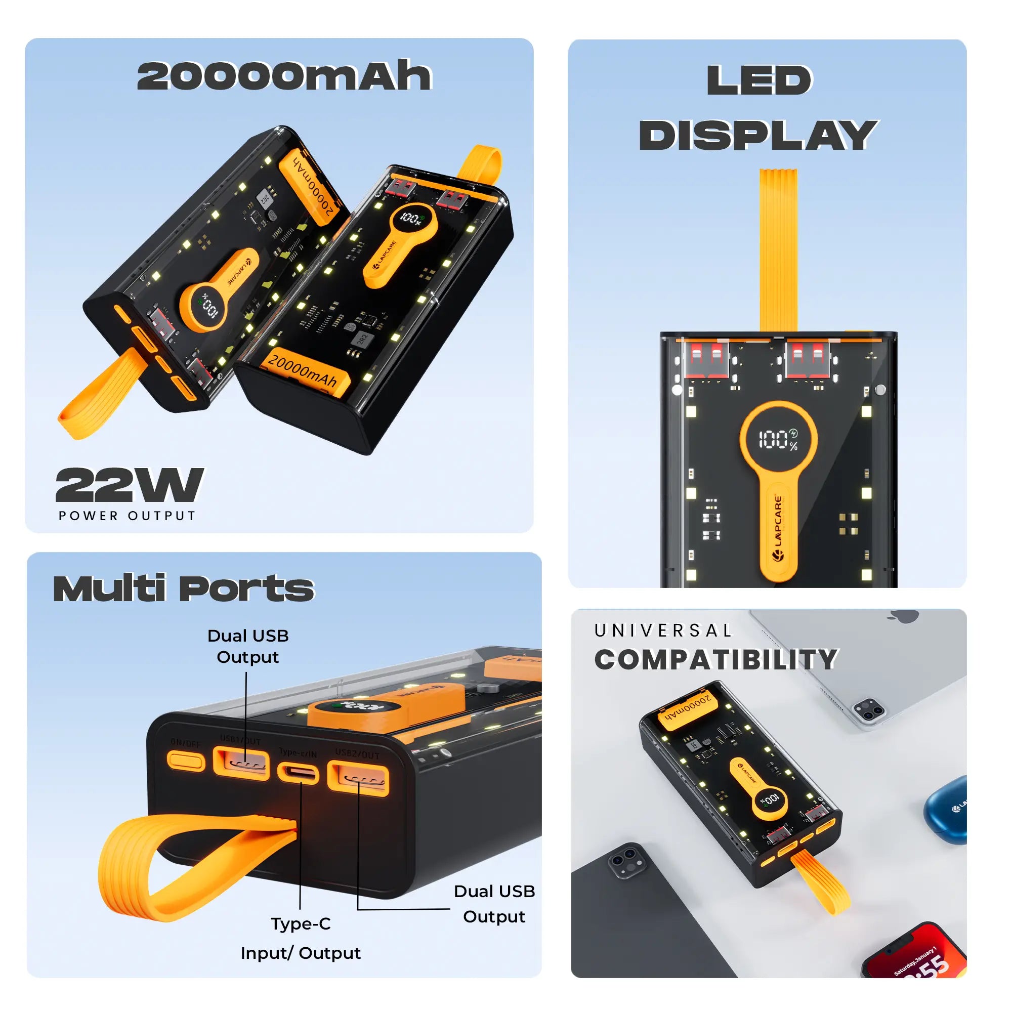 Bolt Pro 20000mAh Power Bank Black + Yellow (LPB-405)