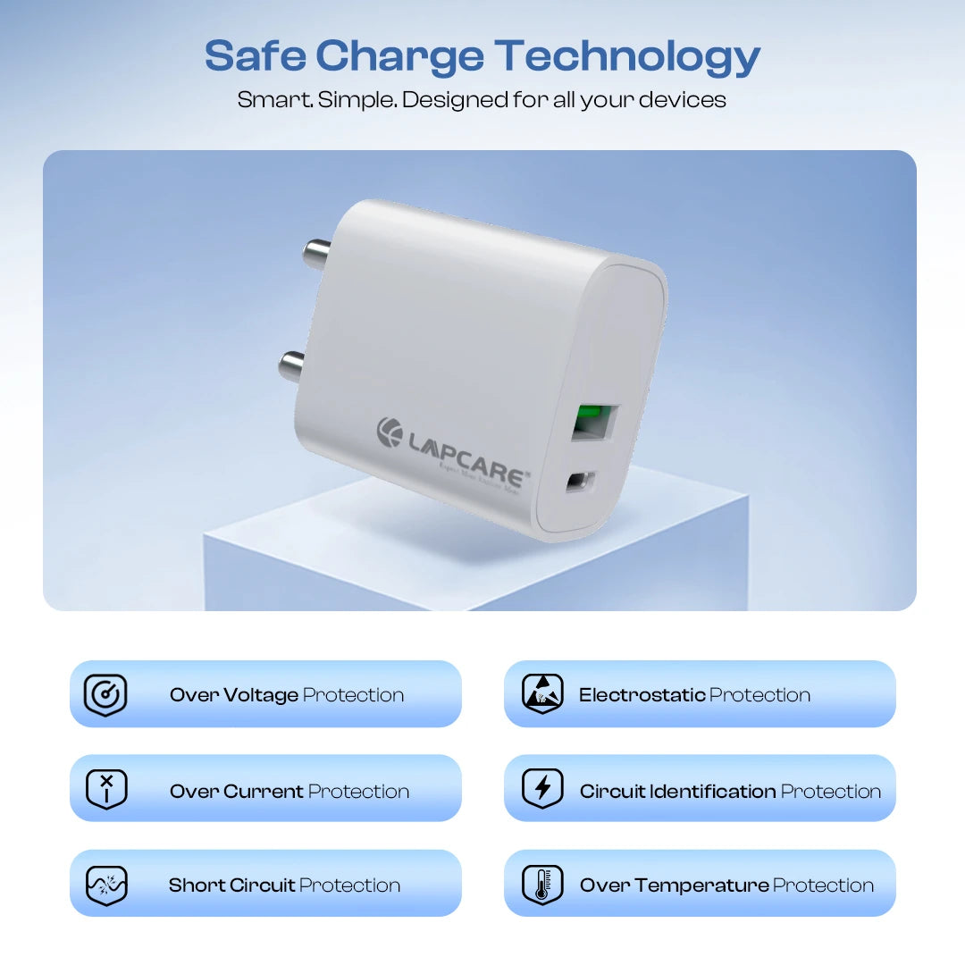 Thursty 20W Super Fast Wall Charger With Dual Port (Type C + USB) Travel Friendly