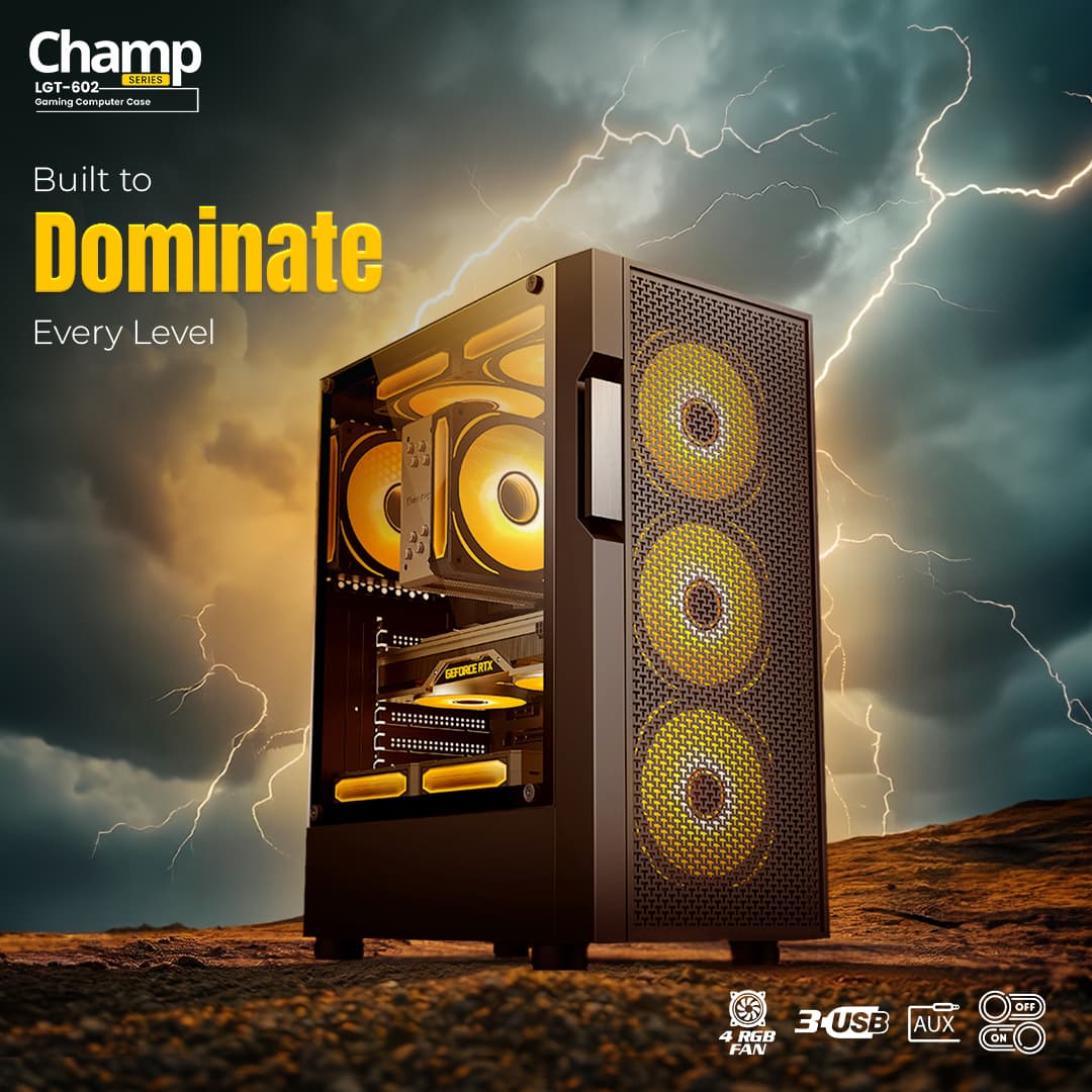 Champ Gaming Computer Case With 4 RGB fans (LGT-602) Black