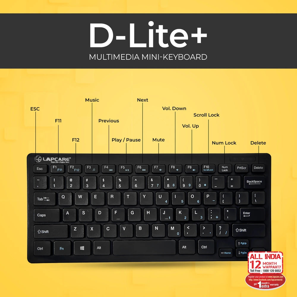D-Lite - Black 87 Key Mini Multimedia Wired Keyboard