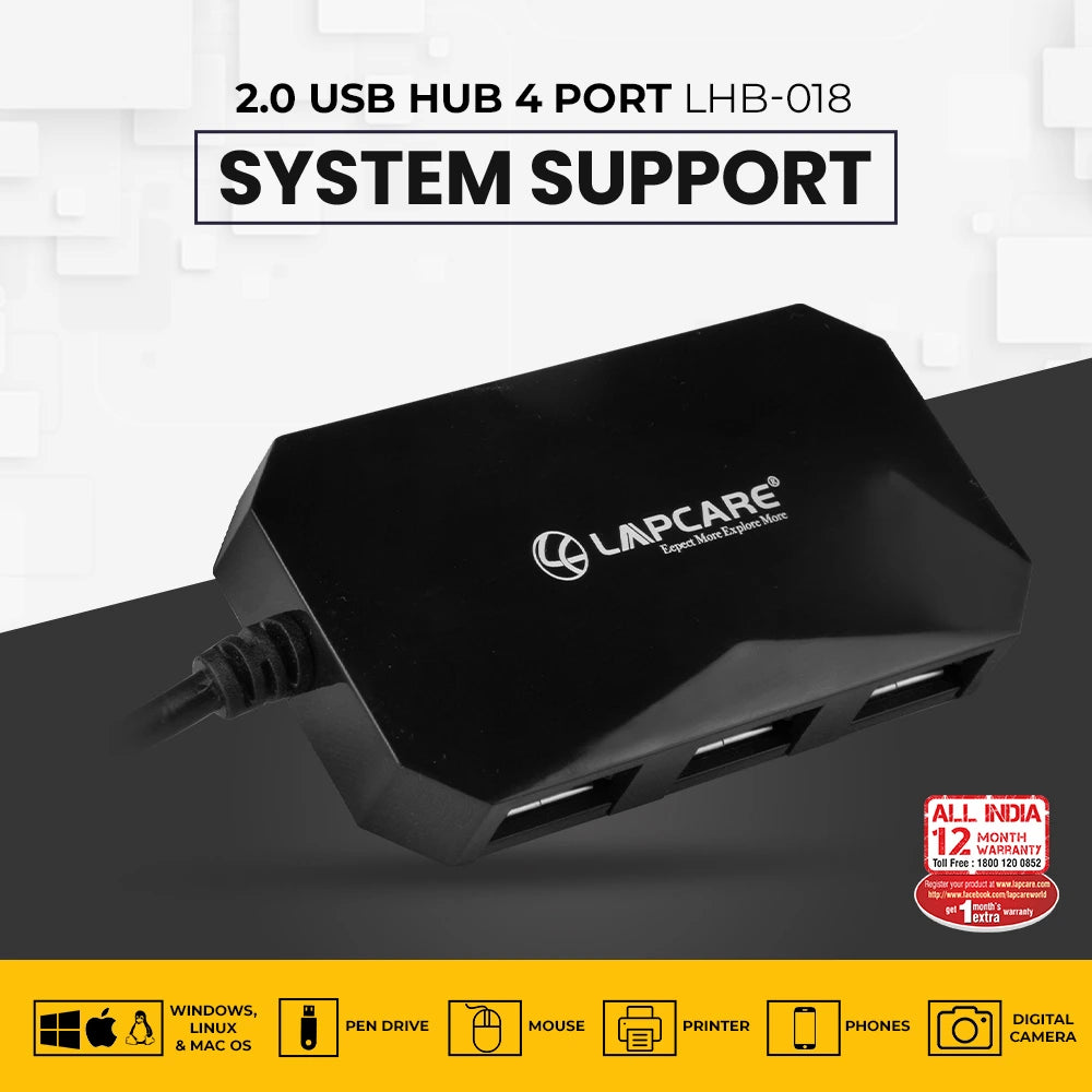 4 Port 2 USB Hub with 1.5M Cable, all 4 port work together