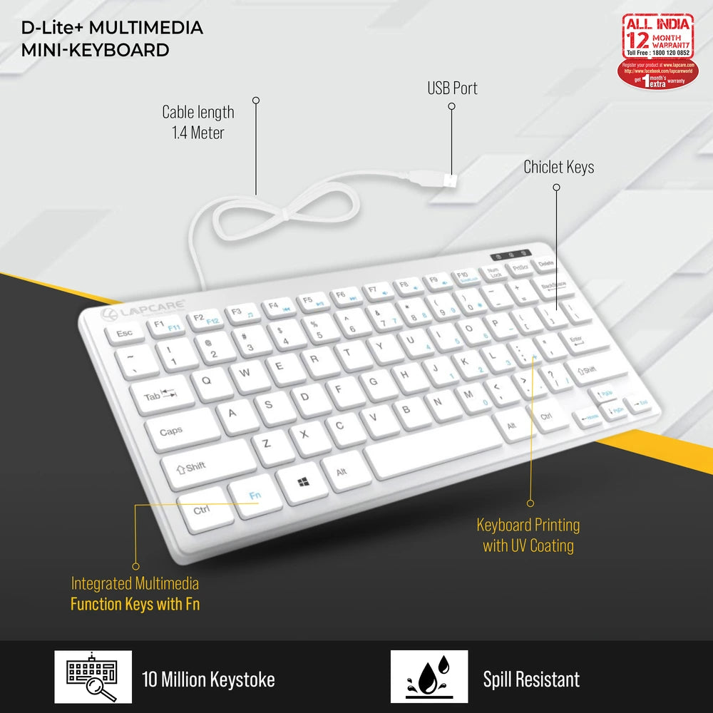 D-Lite - silver 87 Key Mini Multimedia Wired Keyboard
