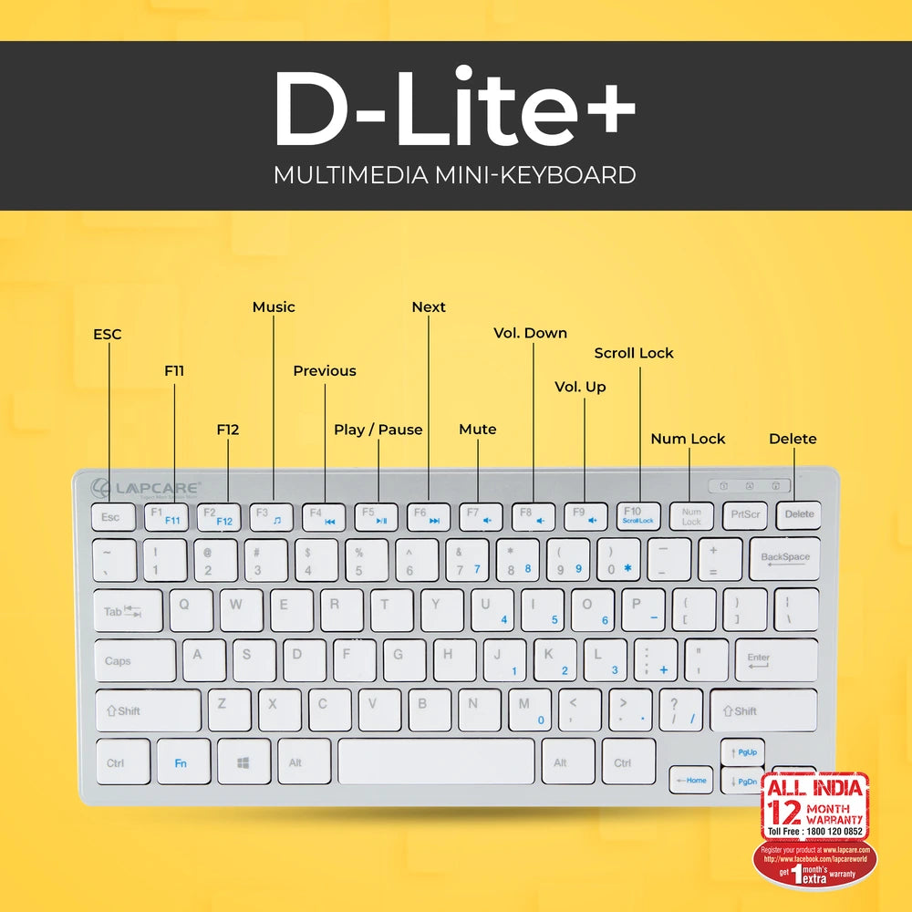 D-Lite - silver 87 Key Mini Multimedia Wired Keyboard